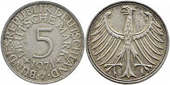 ФРГ 5 МАРОК 1971 J, KM 112.1, J. 387 серебро 413-4221
