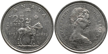 Канада 25 центов 1973 100 лет канадской горной полиции (1873-1973), Елизавета II (1952-2022) KM 81 никель 181-321