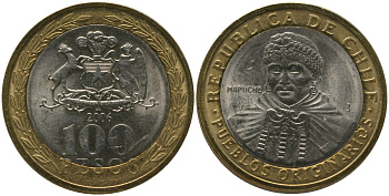 Чили 100 песо 2006 So KM 236, Schon 84 биметалл UNC 4544-221