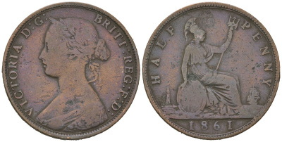 Великобритания 1/2 пенни 1861 Виктория (1837-1901) KM 748.2, Spink 3956 бронза 92-1036