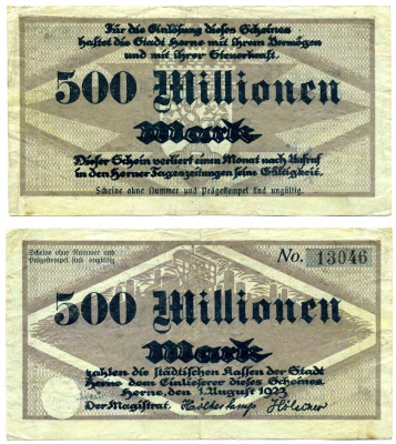 ХЕРНЕ 500000000 марок (500 миллионов) 1923 1 августа 1923, нотгельд, земля Северный Рейн-Вестфалия, ВЫСОТА НОМЕРА 5 мм. Keller 2339d бумага 2193-28-2-2