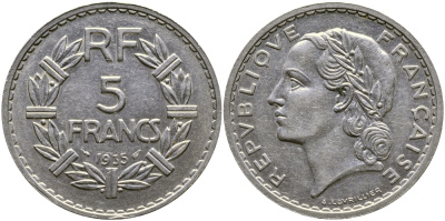 ФРАНЦИЯ 5 ФРАНКОВ 1935 KM 888 никель 4381-1011