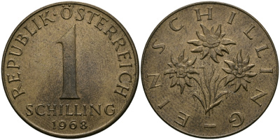 АВСТРИЯ 1 ШИЛЛИНГ 1968 KM 2886 алюминиевая бронза 98-116