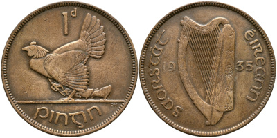 ИРЛАНДИЯ 1 ПЕННИ 1935 КУРИЦА С ЦЫПЛЯТАМИ KM 3 бронза 4389-214