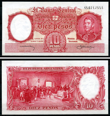 Аргентина 10 песо ND (1954-1968) Генерал Сан Мартин (1778-1850), декларация независимости, Fabregas, Delfino Pick 270 (6)  бумага  UNC (пресс) 7218-5-3-1
