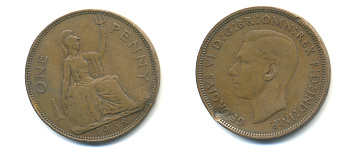 Великобритания 1 пенни 1938 Георг VI (1936-1952) KM 845, Spink 4114 бронза 89-136