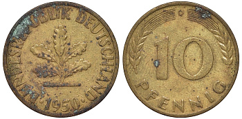 ФРГ 10 пфеннигов 1950 D KM 108, J. 383 сталь плакированная латунью 4132-526