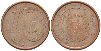 ИСПАНИЯ 1 ЕВРОЦЕНТ 1999 KM 1040 сталь плакированная медью 112-462