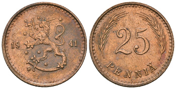 Финляндия 25 пенни 1941 S KM 25a медь 4174-1012