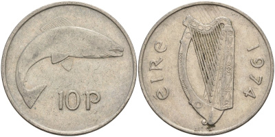 Ирландия 10 пенсов 1974 лосось KM 23 медно-никель 4144-1021