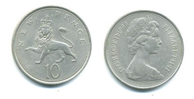 Великобритания 10 пенсов 1968 Елизавета II (1952-2022) KM 912, Spink 4231 (F1) медно-никель 4383-937