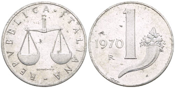 ИТАЛИЯ 1 ЛИРА 1970 R, РОГ ИЗОБИЛИЯ, ВЕСЫ KM 91 алюминий 4549-128
