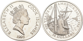 ОСТРОВА КУКА 50 ДОЛЛАРОВ 1992 500 ЛЕТ ОТКРЫТИЮ АМЕРИКИ, ВИТУС БЕРИНГ, ВЕС 31,1035 ГР. KM 143 серебро PROOF 1074-7-42