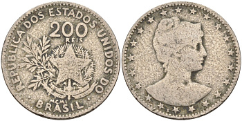 Бразилия 200 рейс 1901 голова свободы вправо KM 504 медно-никель 4589-1037