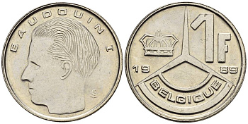 БЕЛЬГИЯ 1 ФРАНК 1989 BELGIQUE KM 170 сталь плакированная никелем 4528-1037