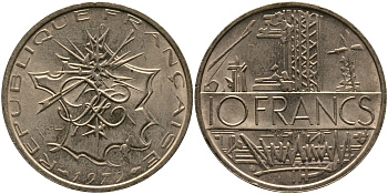 Франция 10 франков 1979 тип Матье KM 940, Le Franc 365.13-14 никель латунь 97-643
