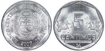 Перу 5 сентимо 2007 LIMA KM 304.4a алюминий aUNC 4189-1011