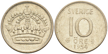 Швеция 10 эре 1954 TS, Густав VI Адольф (1950-1973) KM 823 серебро 192-143