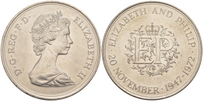Великобритания 25 пенсов 1972 25 лет со дня свадьбы Елизавтеы II И Филлипа (1947-1972, серебрянная свадьба), Елизавета II (1952-2022) KM 917, Spink 4226 медно-никель 4552-532