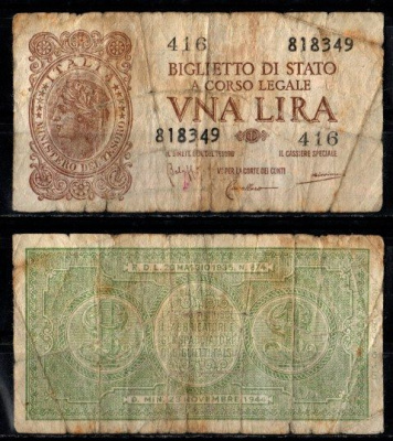 Италия 1 лира 1944 Pick 29 b бумага 2198-28-3-1
