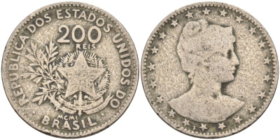 Бразилия 200 рейс 1901 голова свободы вправо KM 504 медно-никель 4589-1037