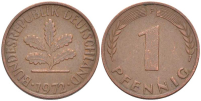ФРГ 1 ПФЕННИГ 1972 F KM 105, J.380 сталь плакированная медью 66-636