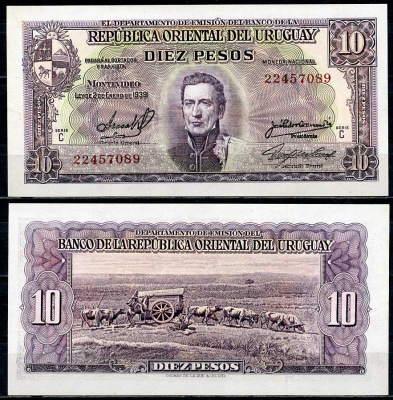 Уругвай 10 песо 1939 Хосе Хервасио Артигас, памятник повозке, Монтевидео, серия C Pick 37 c  бумага  aUNC 444-102-1-2
