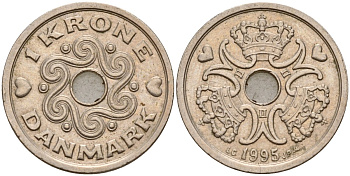 Дания 1 крона 1995 LG; JP; A, Маргрете II (1972- ) KM 873.1 медно-никель 4177-526