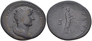 Римская Империя дупондий 119 - 121 Адриан, IMP CAESAR TRAIAN HADRIANVS AVG P M TR P COS III, бюст императора / PIETAS AVGVSTI S C, Рим RIC 601b бронза 1073-5-8-3