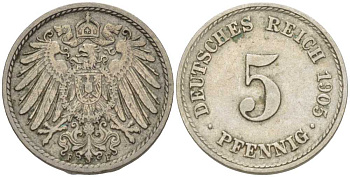 ГЕРМАНИЯ 5 ПФЕННИГОВ 1905 F KM 11, J. 12 медно-никель 105-111