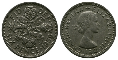Великобритания 6 пенсов 1959 Елизавета II (1952-2022) KM 903, Spink 4149 медно-никель 4381-721