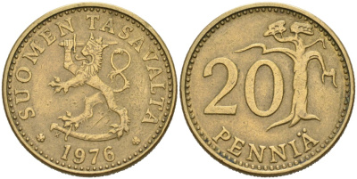 ФИНЛЯНДИЯ 20 ПЕННИ 1976 K KM 47 алюминиевая бронза 4563-323