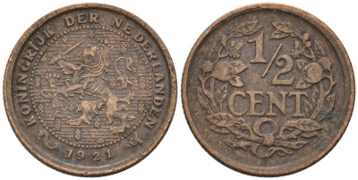 Нидерланды 1/2 цента 1921 Вильгельмина (1890-1948) KM 138 бронза 1528-312