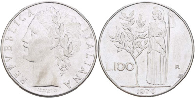 ИТАЛИЯ 100 ЛИР 1976 R, АФИНА, ДИАМЕТР 28 ММ. KM 96.1 нержавеющая сталь 4389-1043
