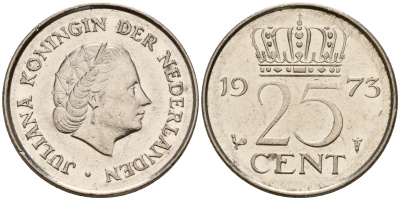 Нидерланды 25 центов 1973 Юлиана (1949-1980) KM 183 никель    4598-467