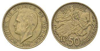Монако 50 франков 1950 Ренье III (1949-2005), год-тип KM 132 алюминиевая бронза 4660-942