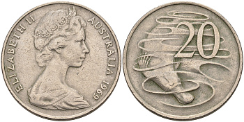Австралия 20 центов 1969 Елизавета II (1952-2022), утконос KM 66 медно-никель 4565-821