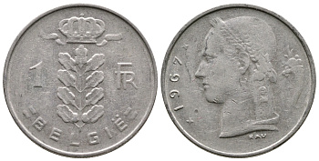 БЕЛЬГИЯ 1 ФРАНК 1967 BELGIE KM 143.1 медно-никель 4382-1137