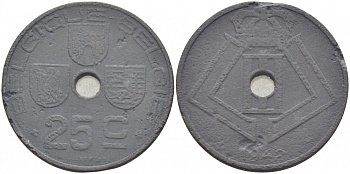 БЕЛЬГИЯ 25 САНТИМОВ 1942 BELGIQUE-BELGIE, ГЕРМАНСКАЯ ОККУПАЦИЯ, ВТОРАЯ МИРОВАЯ ВОЙНА KM 131 цинк 3856-947