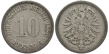 ГЕРМАНИЯ 10 ПФЕННИГОВ 1889 G, СТАРОГЕРБОВКА KM 4, Jager 4, Weege 7 медно-никель 4543-817