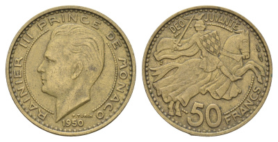 Монако 50 франков 1950 Ренье III (1949-2005), год-тип KM 132 алюминиевая бронза 4660-942