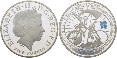Великобритания 5 фунтов 2011 Елизавета II (1952-2022), XXX Летние Олимпийские игры 2012 в Лондоне 2012 - Обратный отсчет 1 год до начала, велосипедный спорт, KM 1202, Spink LO35 серебро PROOF 1077-6-21