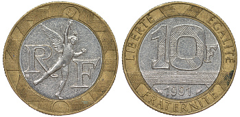 Франция 10 франков 1991 тип гений Бастилии KM 964.1, Le Frank 375.6 биметалл 45-846