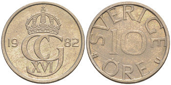 Швеция 10 эре 1982 U, Карл XVI Густав (1973- ) KM 850 медно-никель UNC 187-832