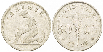 БЕЛЬГИЯ 50 САНТИМОВ 1923 BELGIE KM 88 никель 261-1126