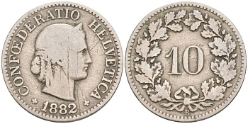 Швейцария 10 раппенов 1882 В KM 27 медно-никель 4181-1043