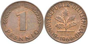 ФРГ 1 пфенниг 1969 D KM 105, J.380 сталь плакированная медью 4174-617