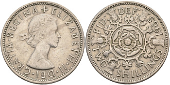 Великобритания 2 шиллинга (флорин) 1965 Елизавета II (1952-2022) KM 906, Spink 4146 медно-никель 4587-936