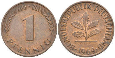 ФРГ 1 пфенниг 1969 D KM 105, J.380 сталь плакированная медью 4174-617