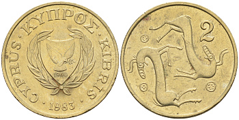 Кипр 2 цента 1983 год тип KM 54.1 никель латунь    4115-411